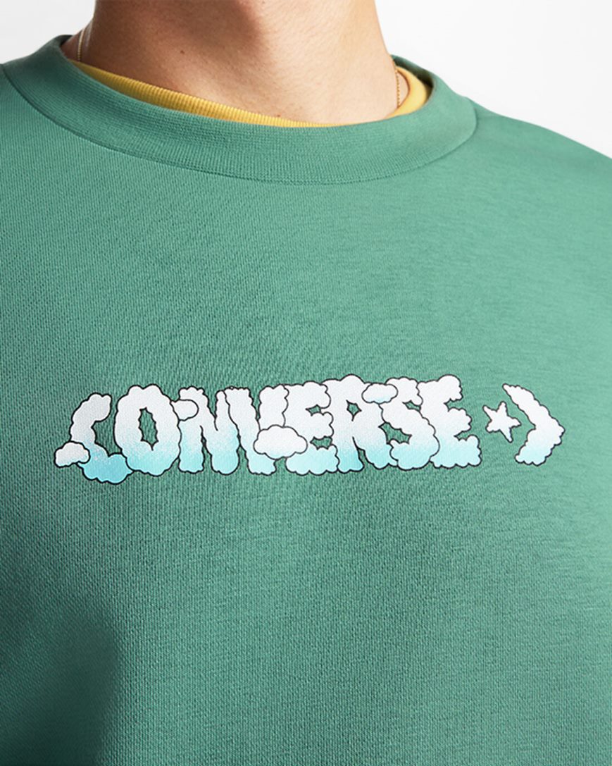 Green Converse Cloud Graphic Long Sleeve Crew Men's Sweatshirts | BJ159LI4K