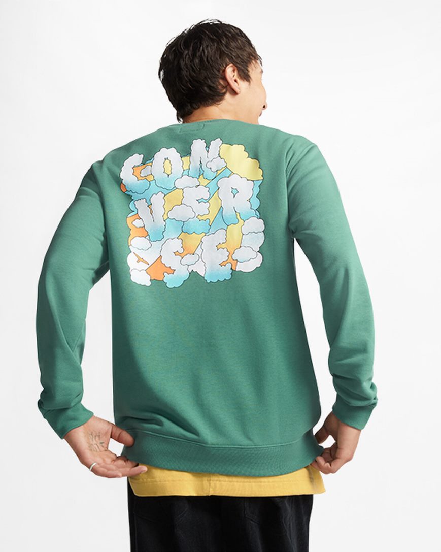 Green Converse Cloud Graphic Long Sleeve Crew Men's Sweatshirts | BJ159LI4K