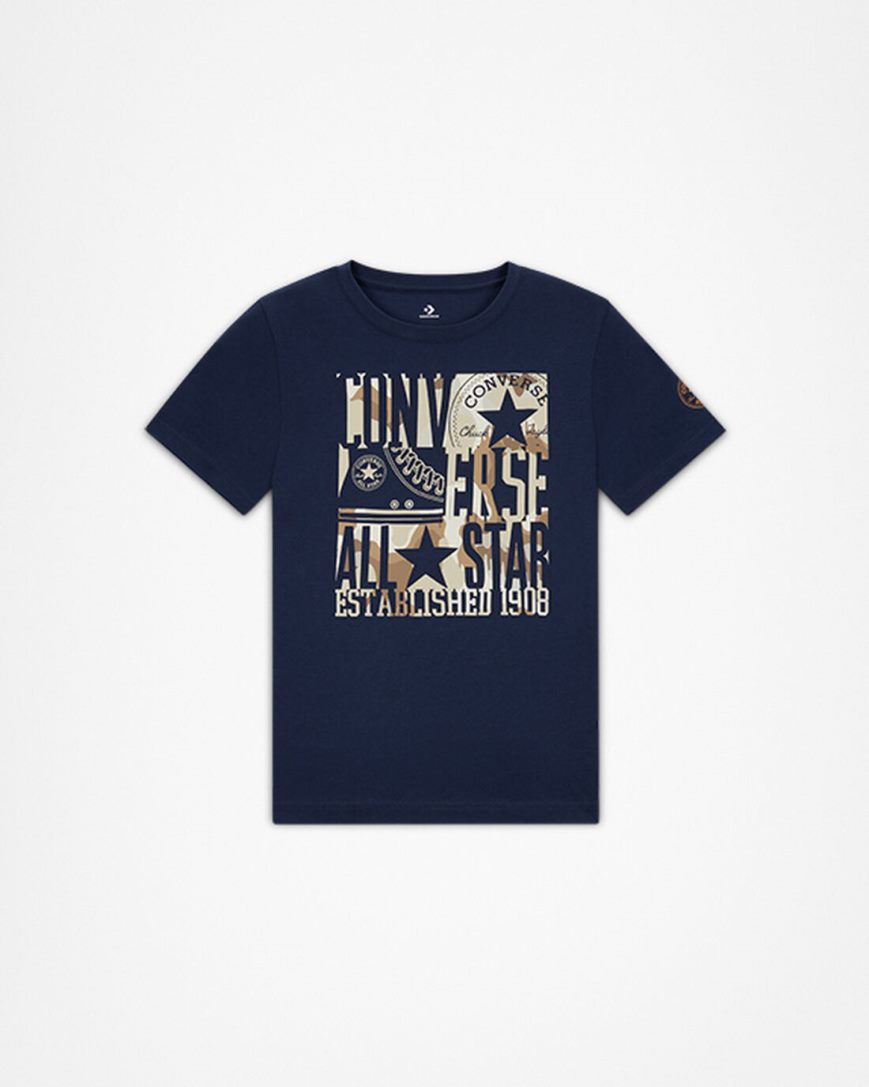 Navy Converse Camo Logo Stack Boys\' T-Shirts | HK8IL9754