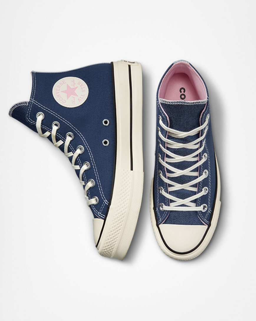 Navy / Orange Pink Converse Chuck Taylor All Star Lift Denim High Top Women's Platform Shoes | BQ7K14389