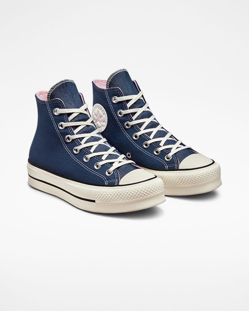 Navy / Orange Pink Converse Chuck Taylor All Star Lift Denim High Top Women's Platform Shoes | BQ7K14389