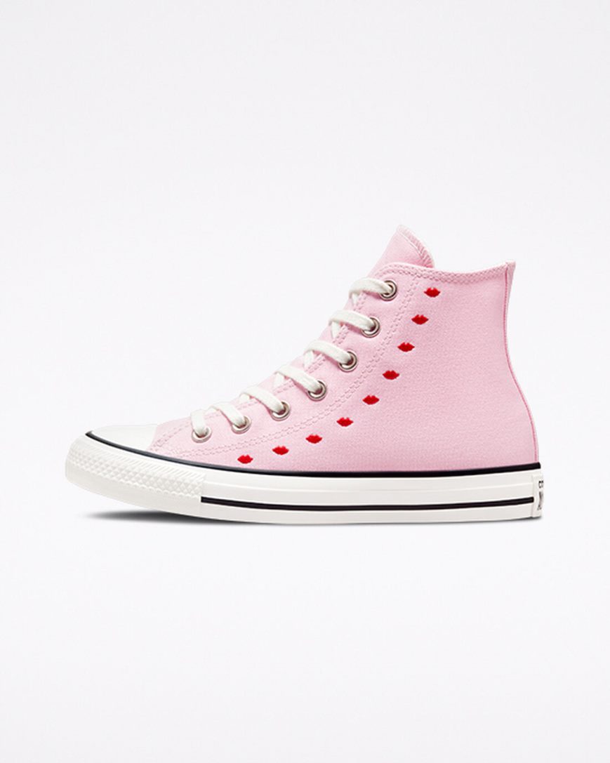 Pink / White Converse Chuck Taylor All Star Embroidered Lips Women's High Top Shoes | ZK3K4578I