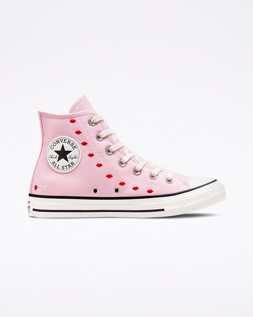 Pink / White Converse Chuck Taylor All Star Embroidered Lips Women\'s High Top Shoes | ZK3K4578I