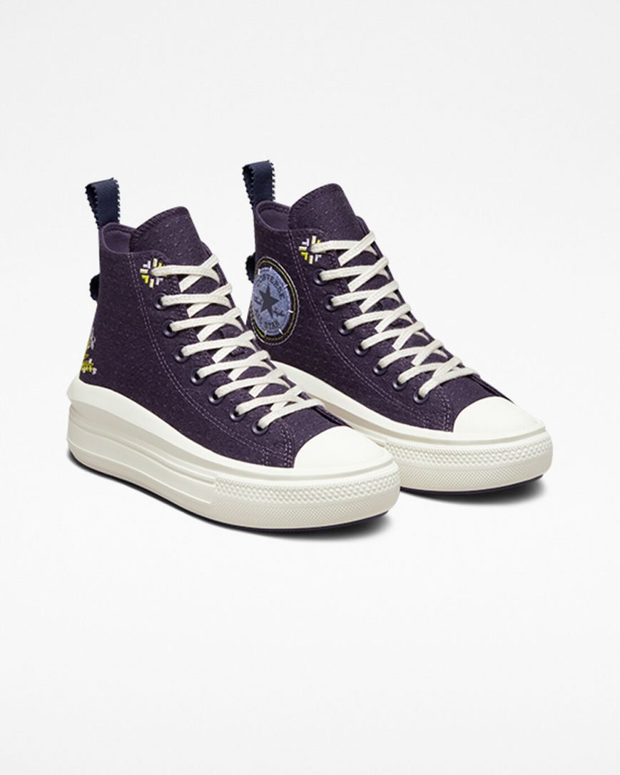 Purple Converse Chuck Taylor All Star Move Autumn Embroidery High Top Women's Platform Shoes | ANK8395LI