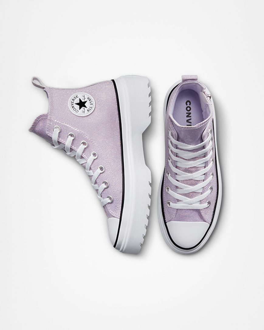 Purple / White / Black Converse Chuck Taylor All Star Lugged Lift Glitter High Top Girls' Platform Shoes | RKL13587I