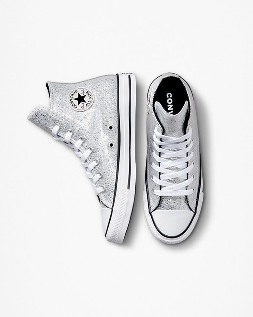 Silver / Grey / Black Converse Chuck Taylor All Star Glitter Girls' High Top Shoes | VQ3I5879K