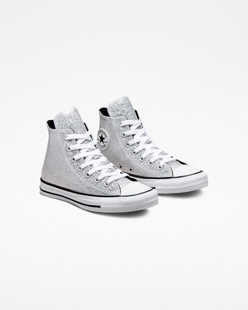 Silver / Grey / Black Converse Chuck Taylor All Star Glitter Girls' High Top Shoes | VQ3I5879K