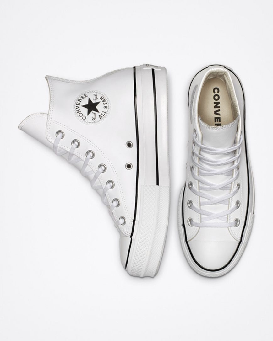 White / Black / White Converse Chuck Taylor All Star Lift Leather High Top Women's Platform Shoes | FH174KI98