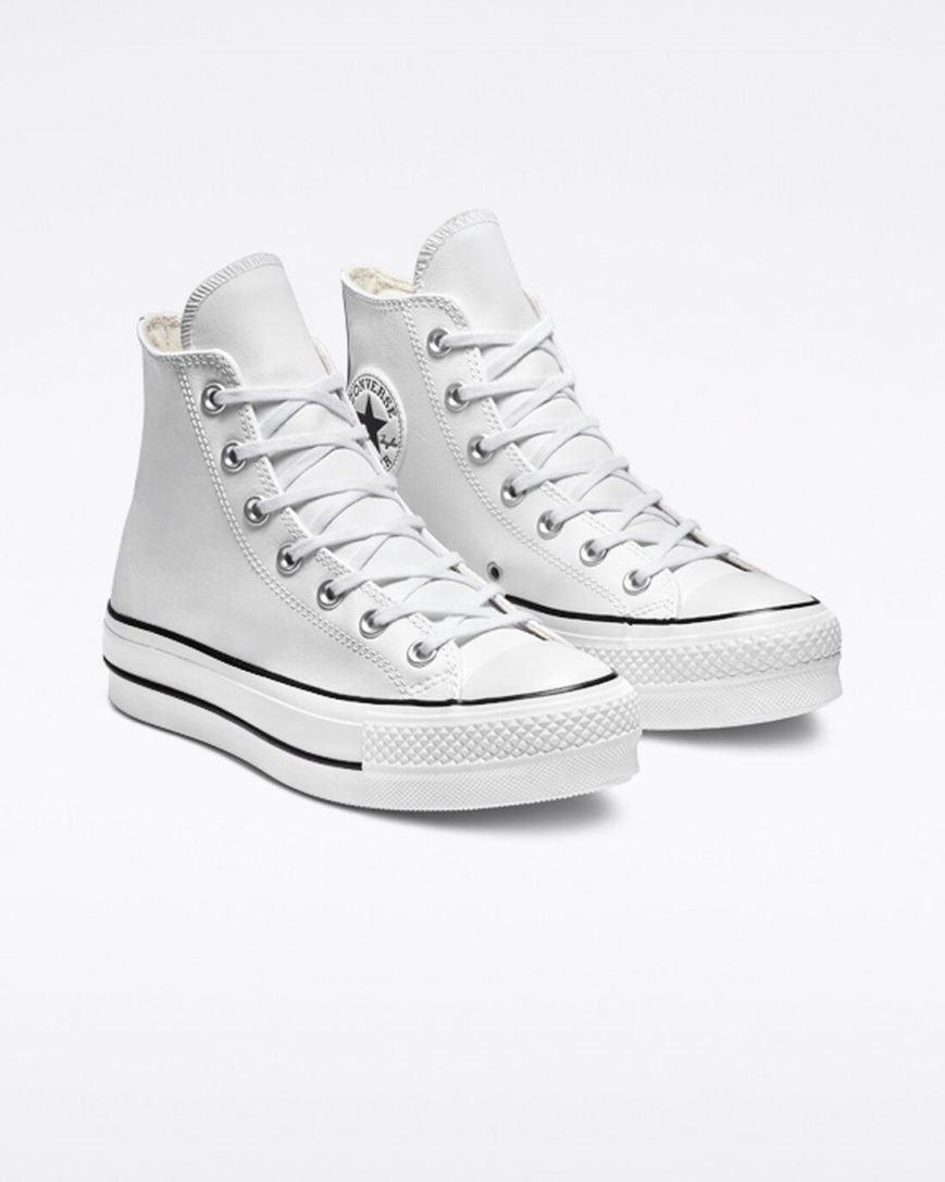 White / Black / White Converse Chuck Taylor All Star Lift Leather High Top Women's Platform Shoes | FH174KI98