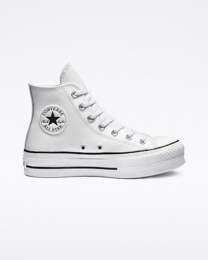 White / Black / White Converse Chuck Taylor All Star Lift Leather High Top Women\'s Platform Shoes | FH174KI98