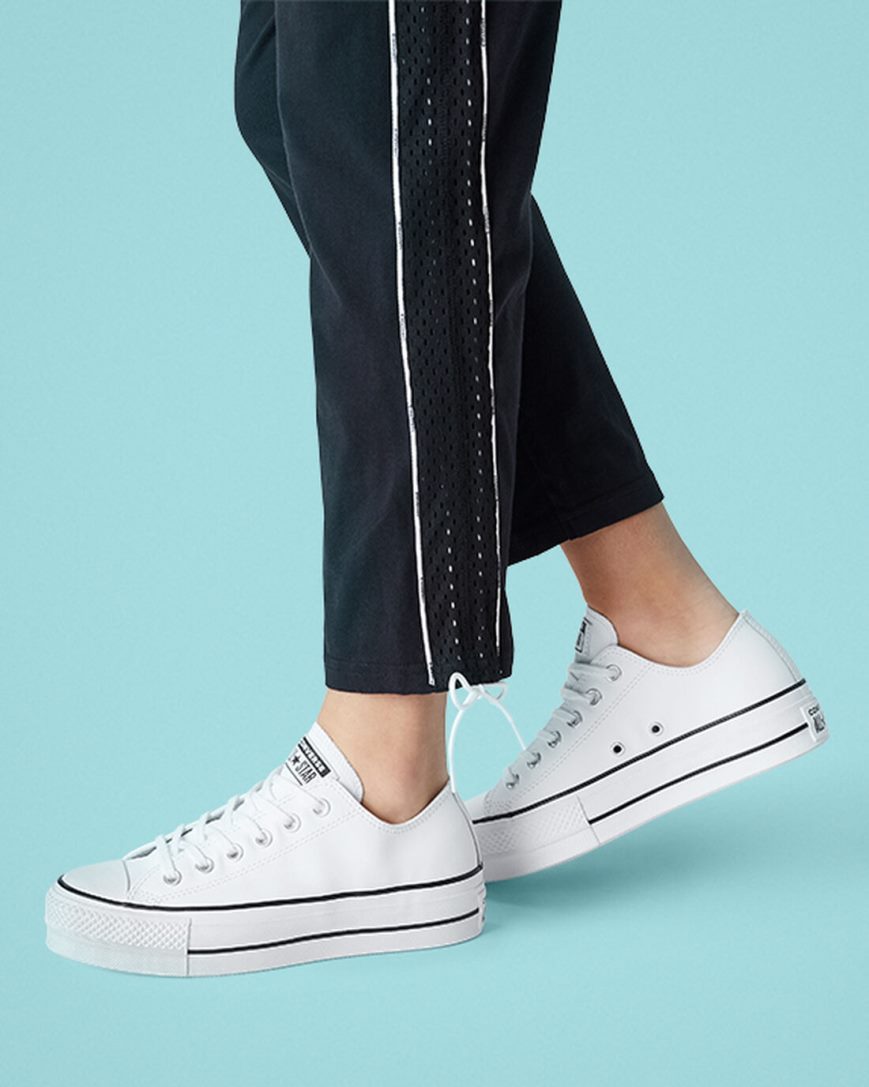 White / Black / White Converse Chuck Taylor All Star Lift Leather Low Top Women's Platform Shoes | TD89I35LK