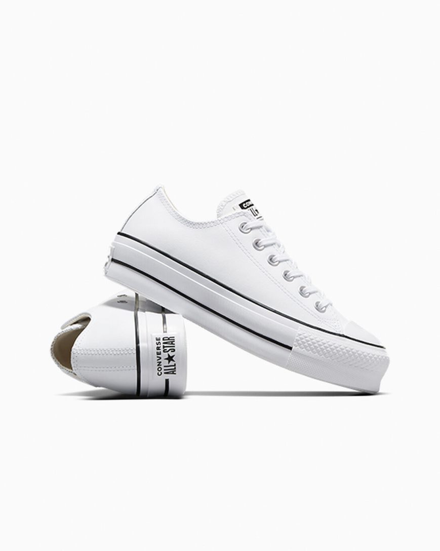 White / Black / White Converse Chuck Taylor All Star Lift Leather Low Top Women's Platform Shoes | TD89I35LK