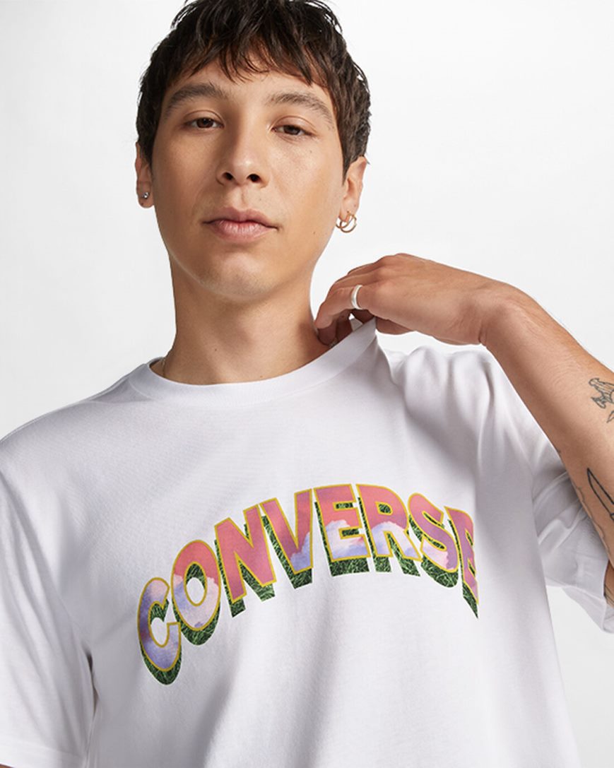 White Converse Cloud Fill Logo Men's T-Shirts | OXI594L78