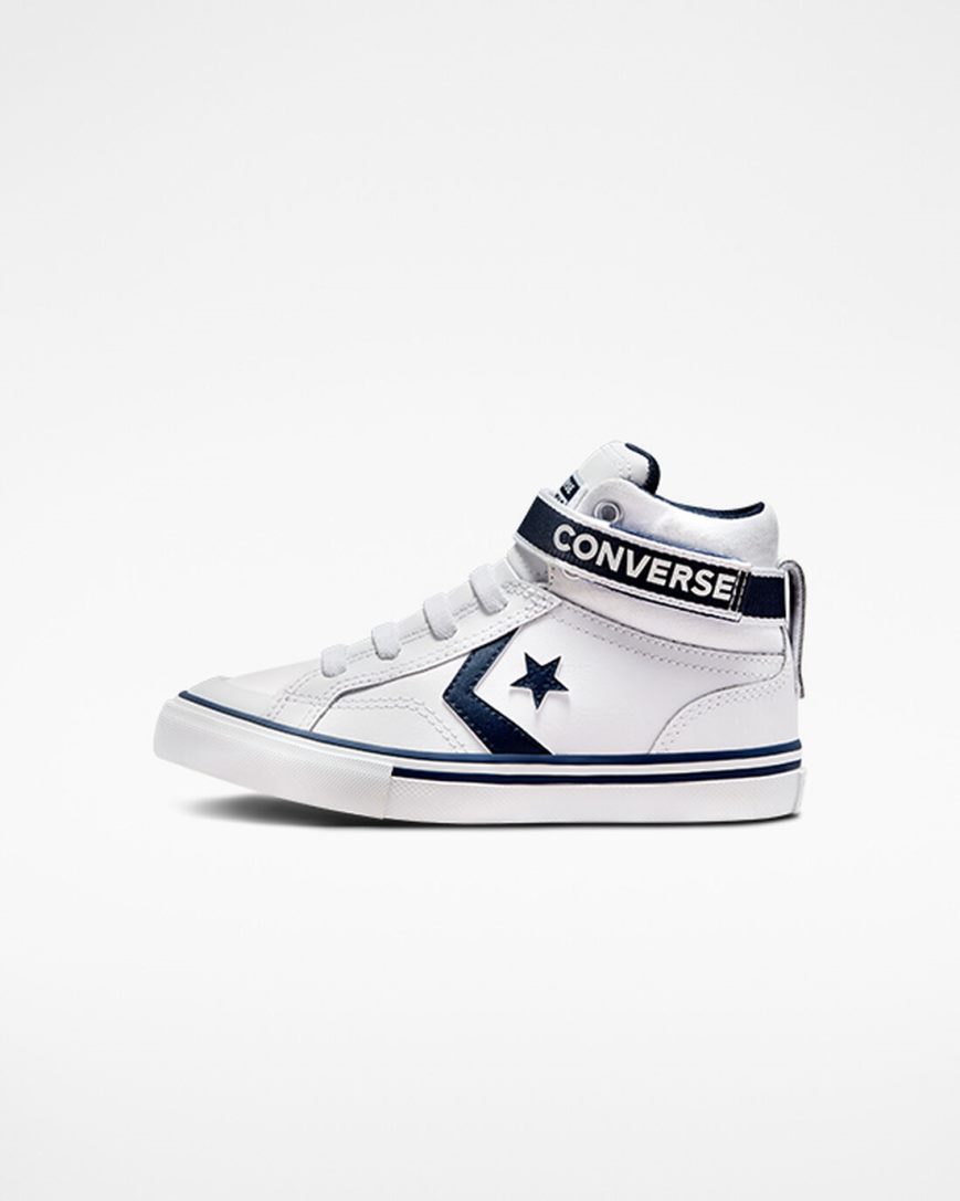 White / Navy / White Converse Pro Blaze Strap Easy-On Varsity Club Boys' High Top Shoes | ABKI8L314