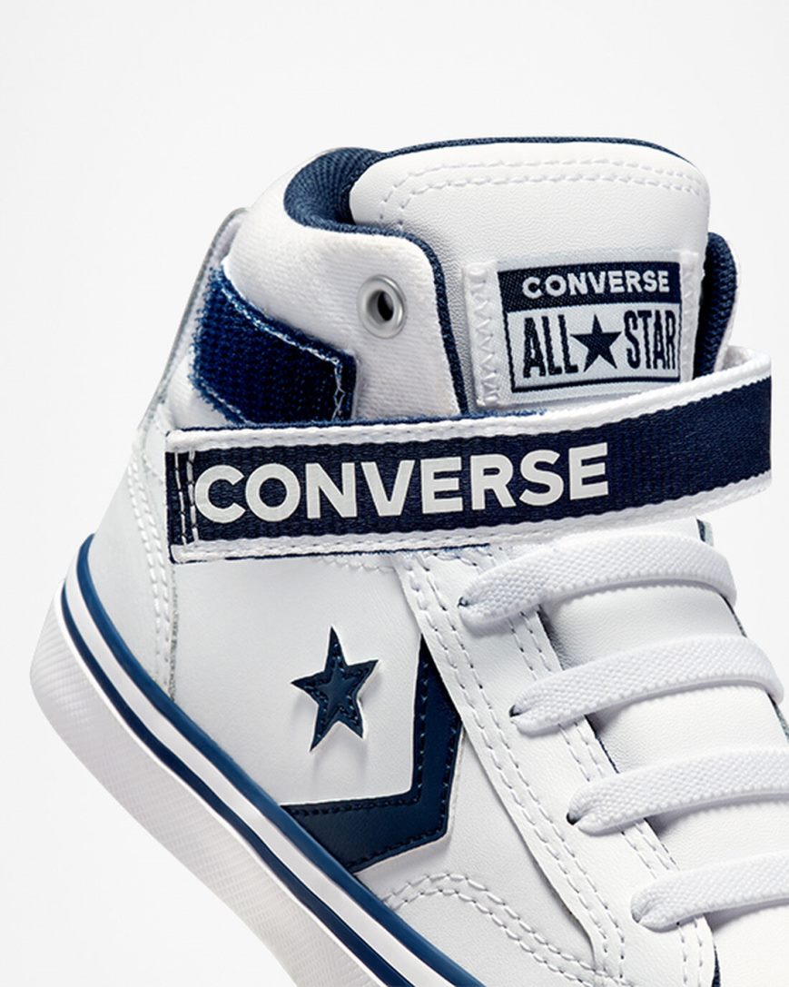 White / Navy / White Converse Pro Blaze Strap Easy-On Varsity Club Boys' High Top Shoes | ABKI8L314