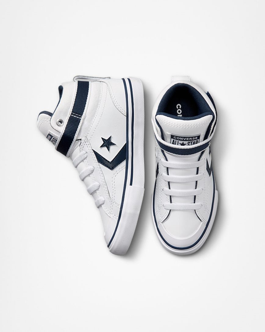 White / Navy / White Converse Pro Blaze Strap Easy-On Varsity Club Boys' High Top Shoes | ABKI8L314