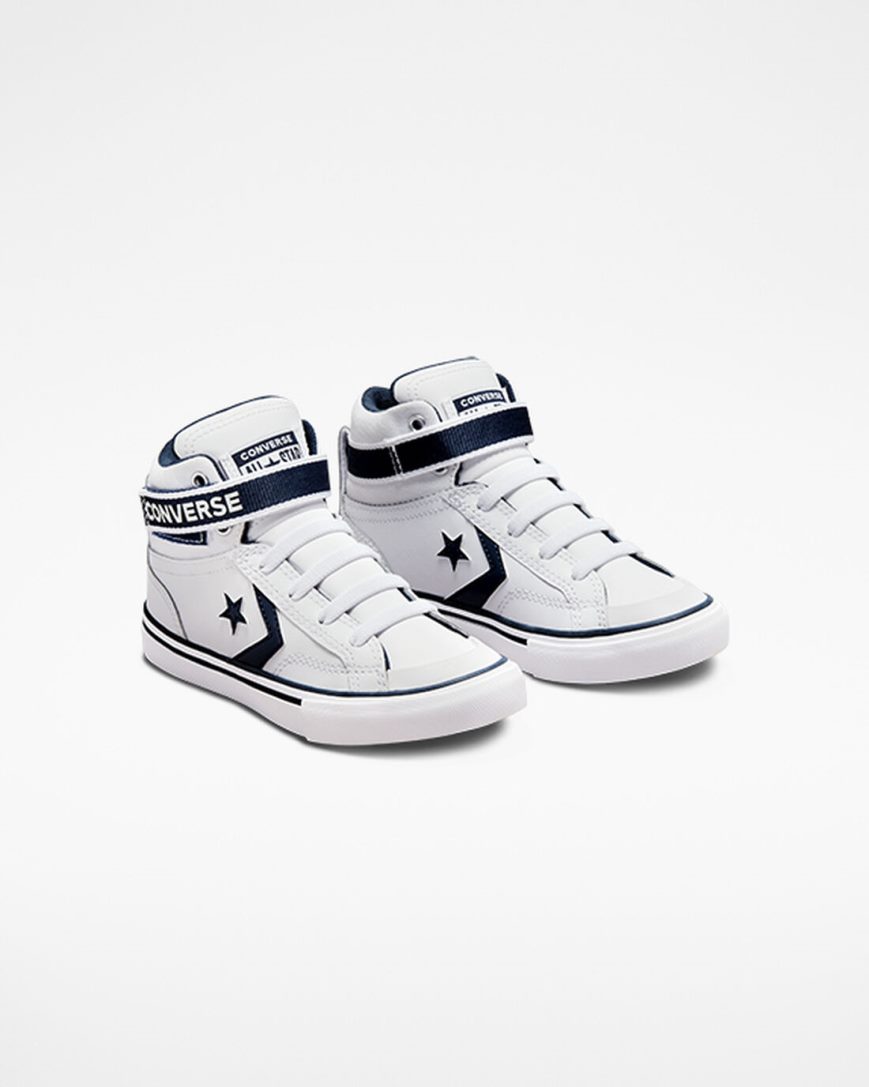 White / Navy / White Converse Pro Blaze Strap Easy-On Varsity Club Boys' High Top Shoes | ABKI8L314