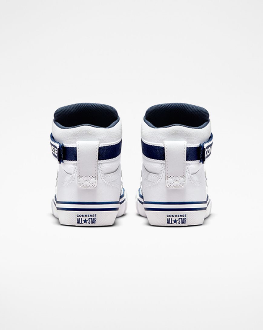 White / Navy / White Converse Pro Blaze Strap Easy-On Varsity Club Boys' High Top Shoes | ABKI8L314