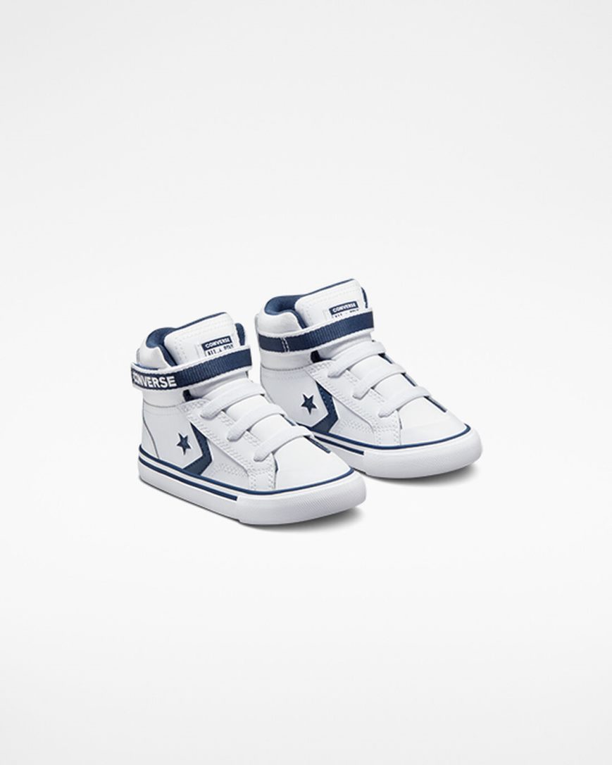 White / Navy / White Converse Pro Blaze Strap Easy-On Varsity Club Boys' High Top Shoes | QT7K893L5