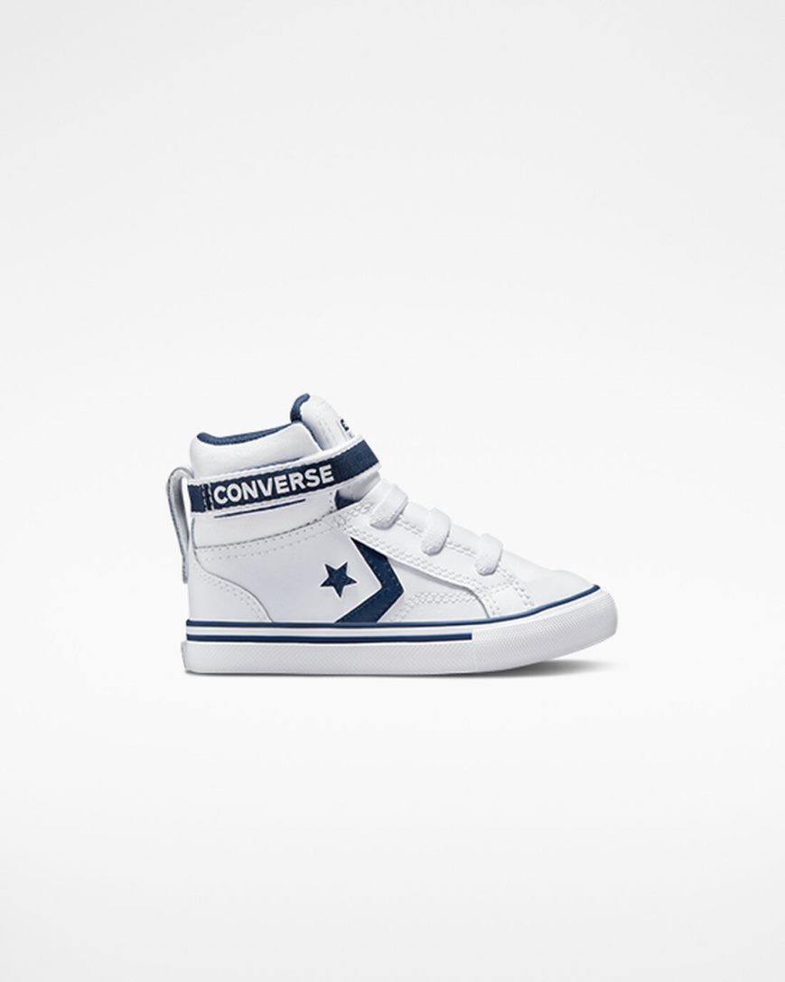 White / Navy / White Converse Pro Blaze Strap Easy-On Varsity Club Boys\' High Top Shoes | QT7K893L5