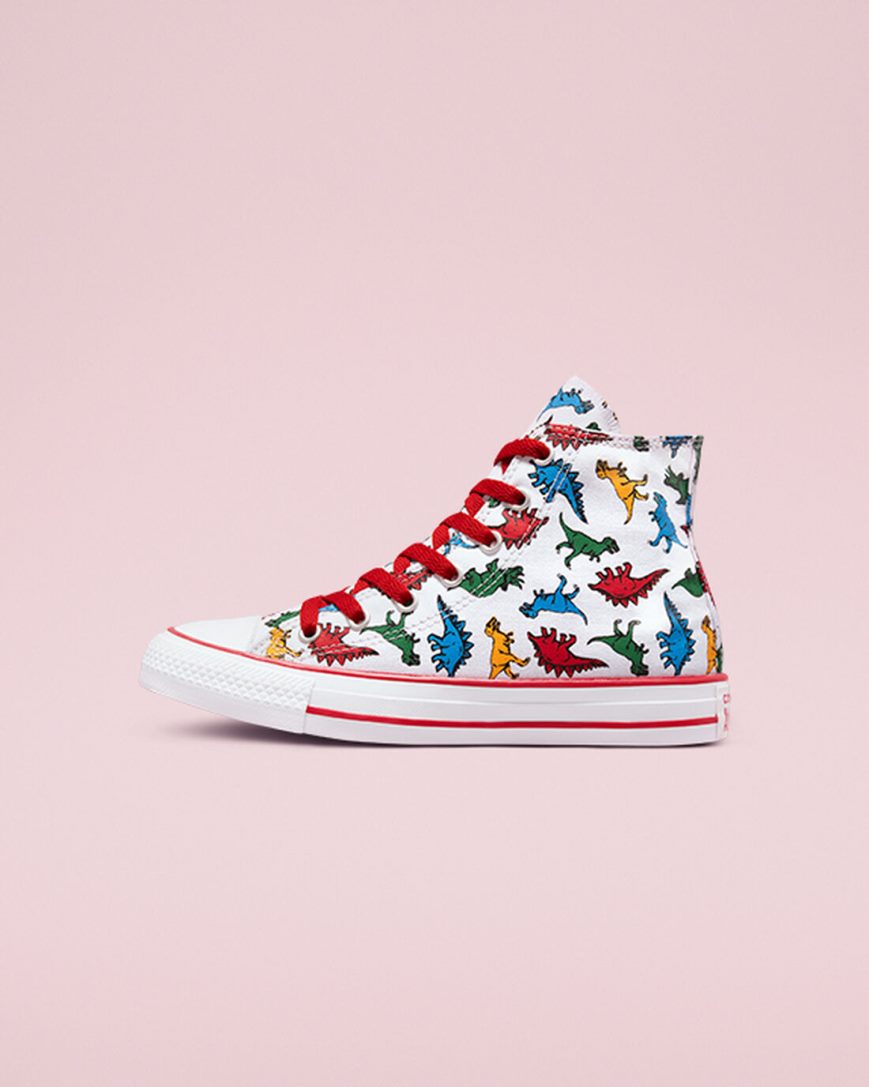 White / Red / Blue Converse Chuck Taylor All Star Dinosaurs Girls' High Top Shoes | TU4587K3I