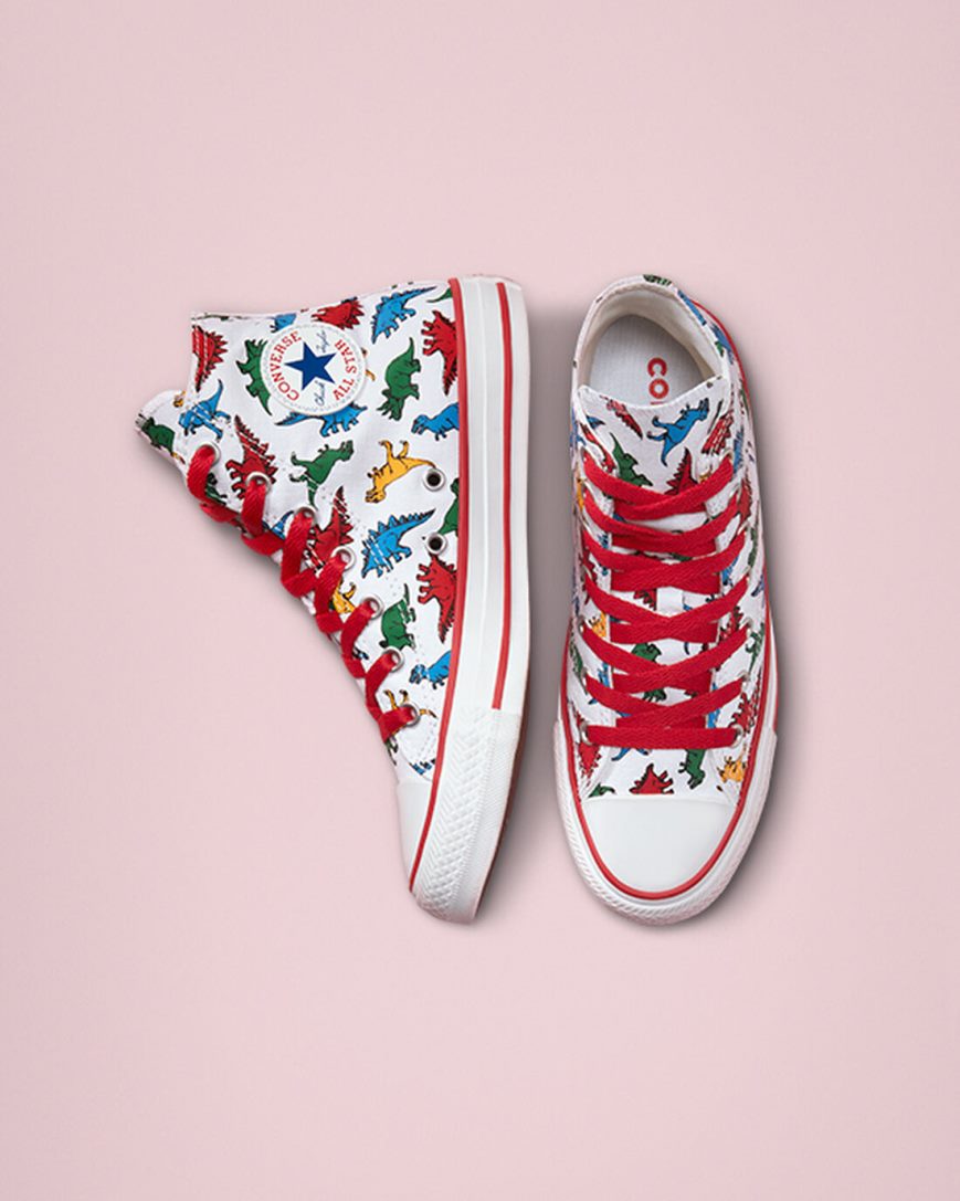 White / Red / Blue Converse Chuck Taylor All Star Dinosaurs Girls' High Top Shoes | TU4587K3I