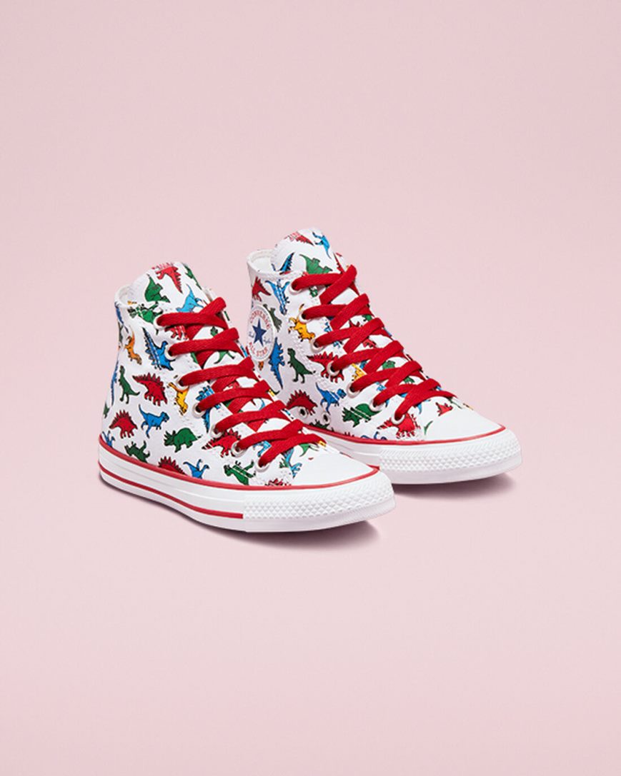 White / Red / Blue Converse Chuck Taylor All Star Dinosaurs Girls' High Top Shoes | TU4587K3I