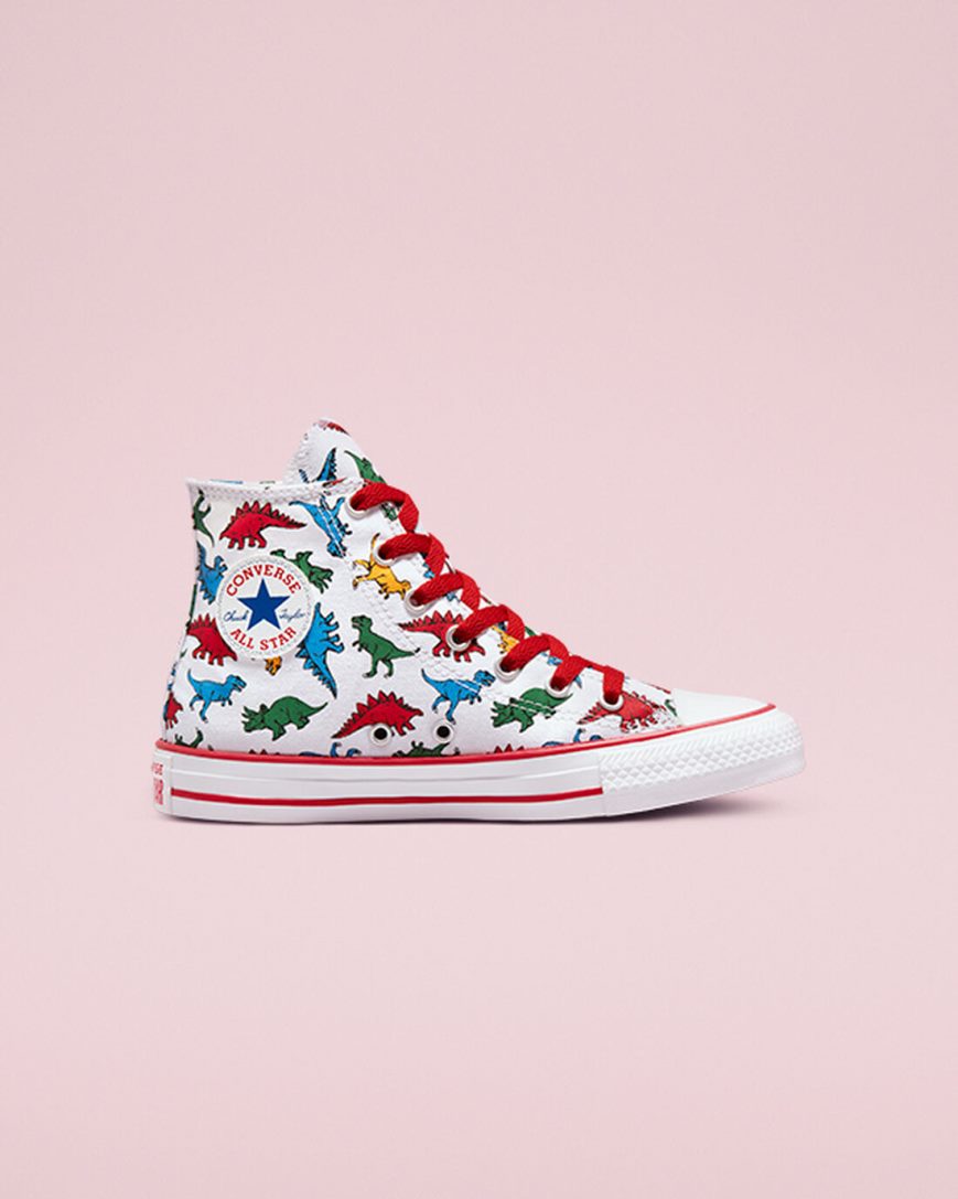 White / Red / Blue Converse Chuck Taylor All Star Dinosaurs Girls\' High Top Shoes | TU4587K3I