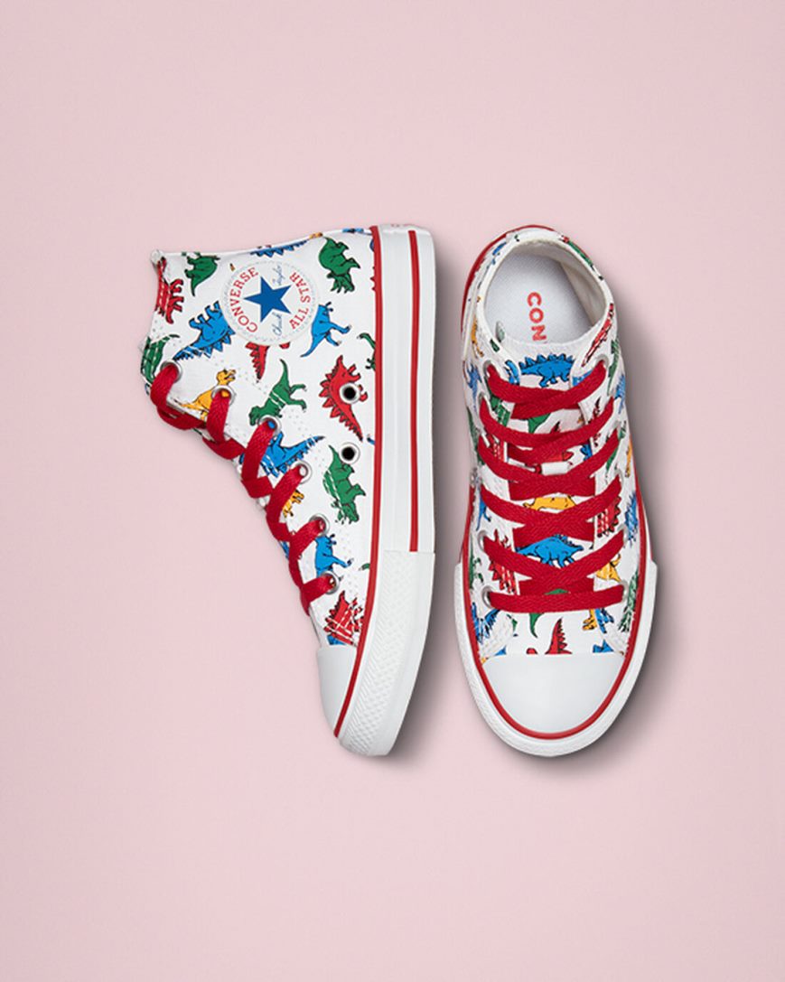 White / Red / Blue Converse Chuck Taylor All Star Dinosaurs Girls' High Top Shoes | XZ4I8LK97