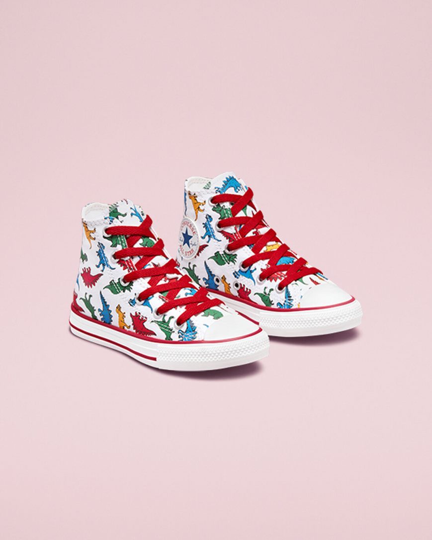 White / Red / Blue Converse Chuck Taylor All Star Dinosaurs Girls' High Top Shoes | XZ4I8LK97